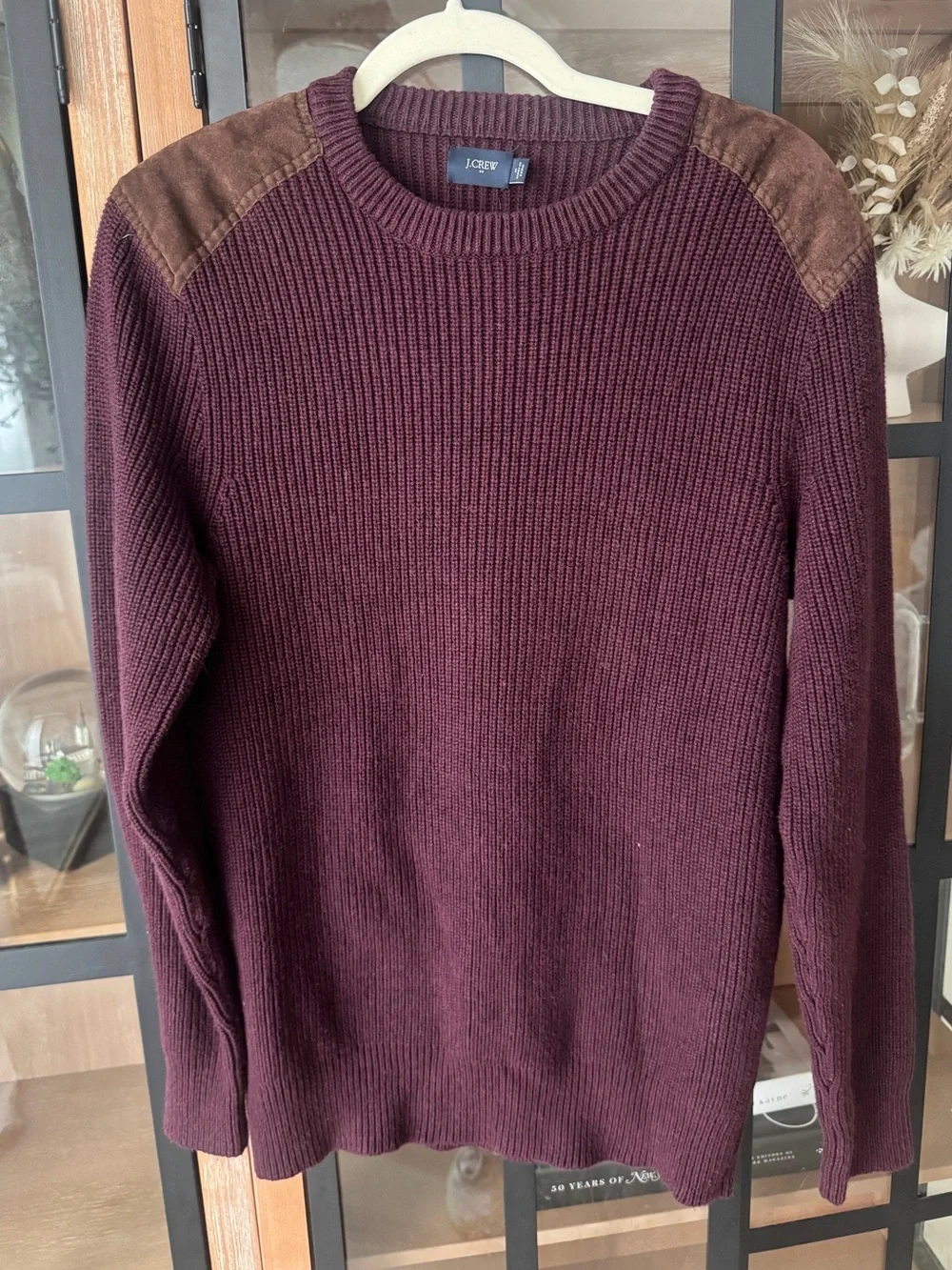 J. Crew maroon sweater suede shoulder patches burgundy cotton ribbed knit